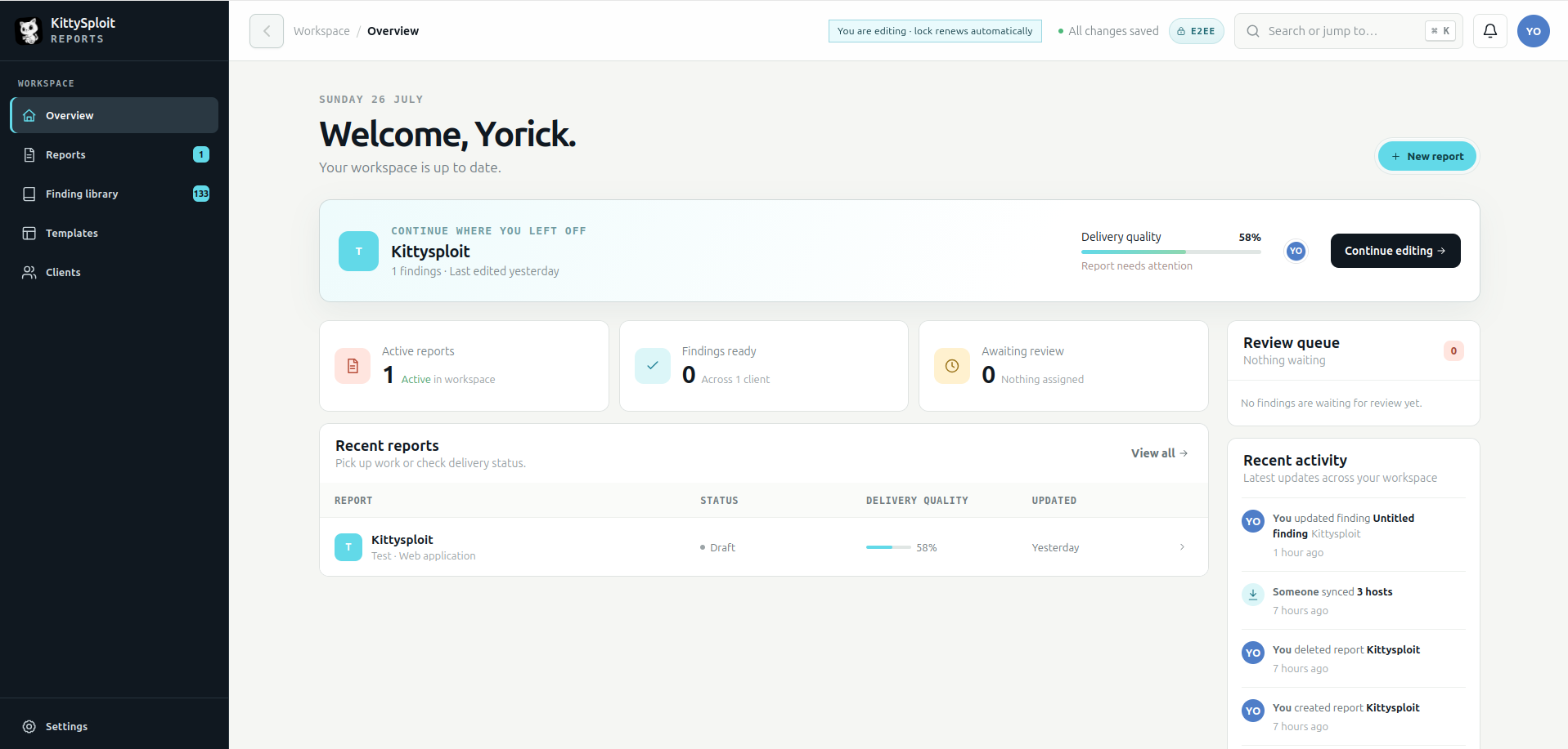 KittySploit Reports workspace overview with active reports and review queue