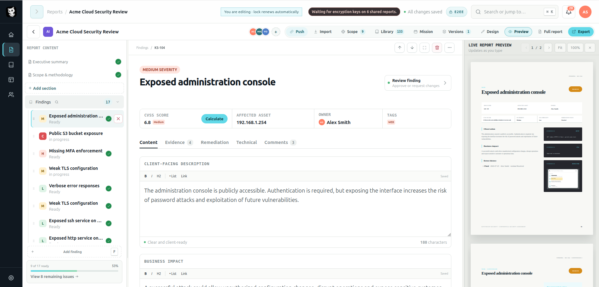 KittySploit Reports editor with finding content, review status and live PDF preview